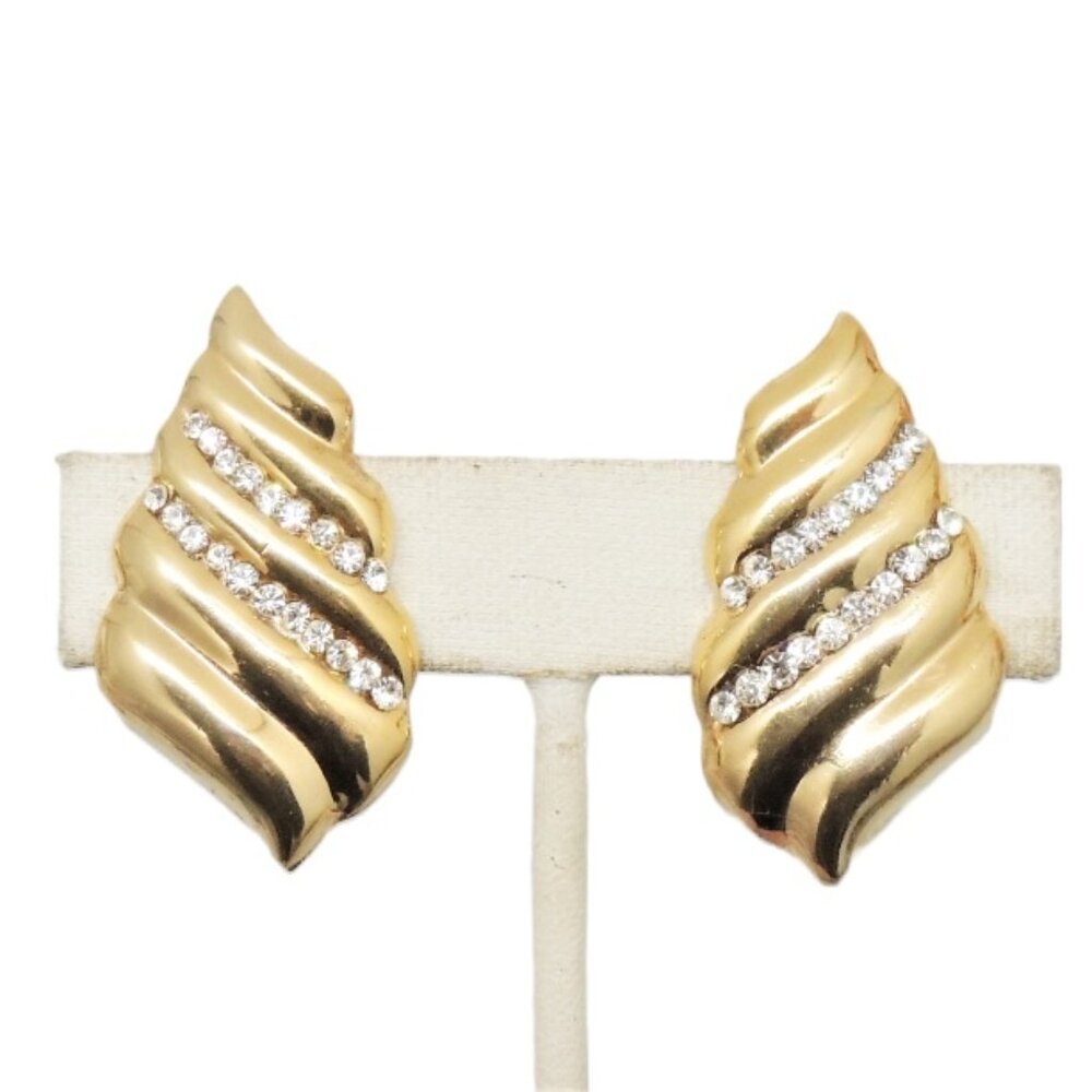 Vintage Signed Bijoux Cascio Italy Goldtone & Clear Rhinestone Clip Earrings